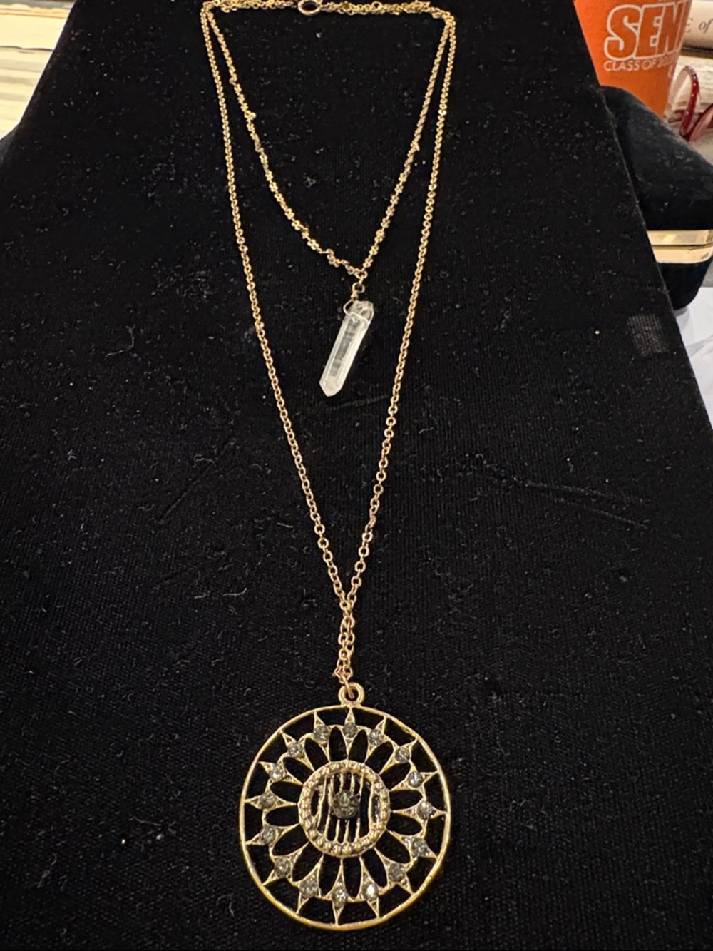 Gold-Tone Layered Sun Medallion Necklace with Crystal Pendant